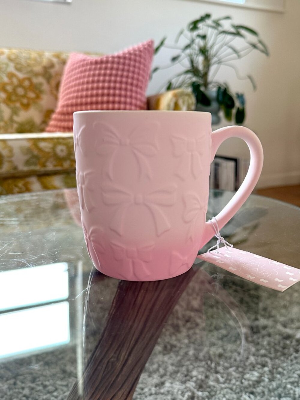 Pink Ombre Embossed Ribbon Bow Mug | Coquette Balletcore Kawaii Cottagecore